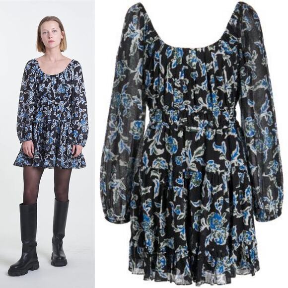 TANYA TAYLOR Edita Fit & Flare Mini Dress Floral Blue Long Sleeve Flowy Sm NEW - Picture 5 of 15